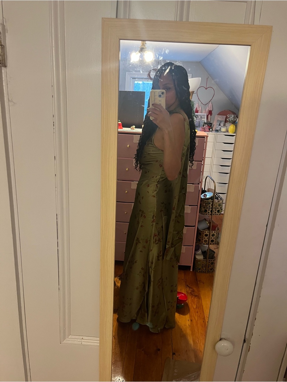 Reformation Jazzlyn Silk Dress Olive One-Shoulder Gown with Red Floral Print. - Picture 5 of 5